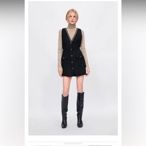 ZARA BASICS BLACK TWEED MINI DRESS GOLD CHAIN DETAIL BUTTONS SLEEVLESS